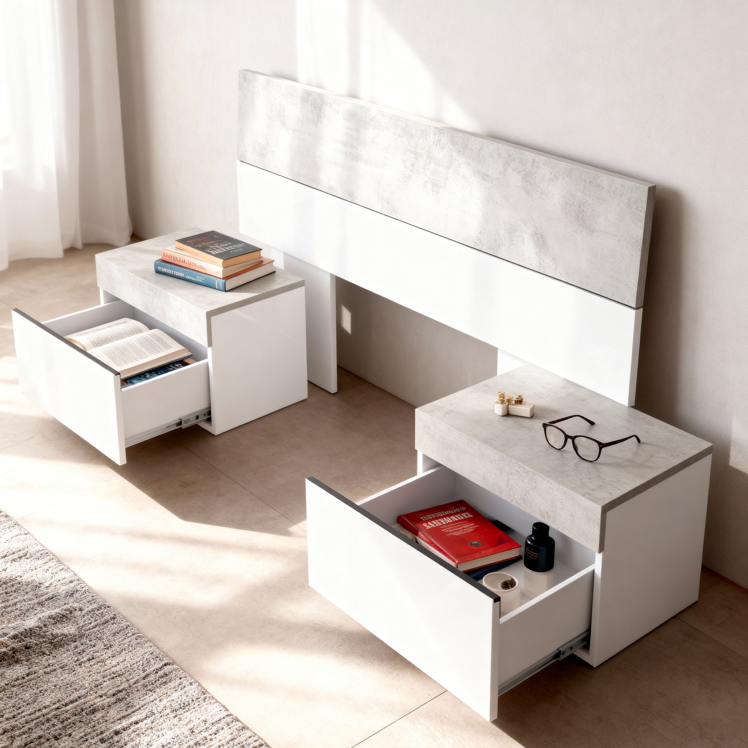 Testiera Letto Matrimoniale Con 2 Comodini Da 1 Cassetto E Guide Metalliche Design Moderno Minimal 276 x 94 x 40 Cm Colore Bianco E Grigio Cemento