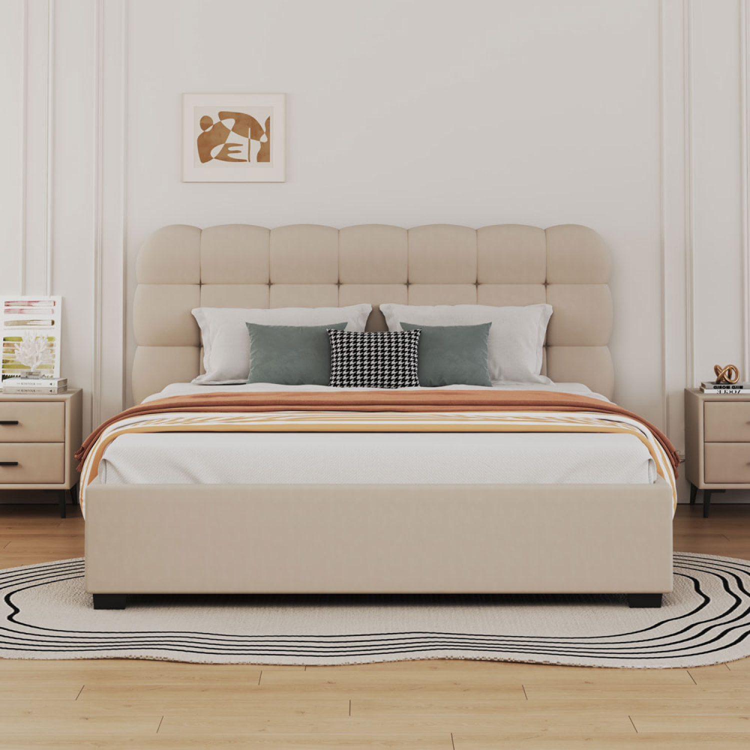 JUNEAU Lit nuage avec coffre de rangement 160x200cm en velours beige