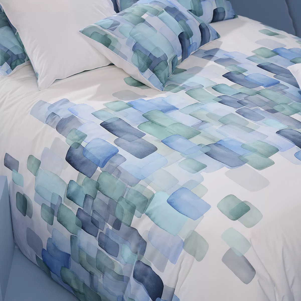 Lot h.couette +taies percale de coton 115 g/m² imprimé bleu vert Ondine mineral