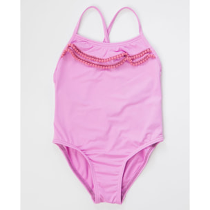 BAÑADOR ROSA CON TIRANTES CRUZADOS Y VOLANTES CON MADROÑOS EN ESCOTE