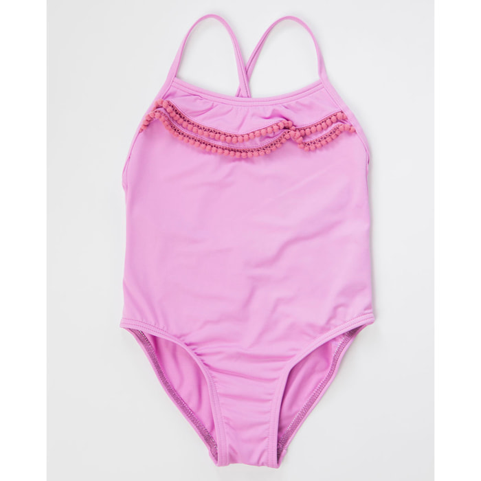 BAÑADOR ROSA CON TIRANTES CRUZADOS Y VOLANTES CON MADROÑOS EN ESCOTE
