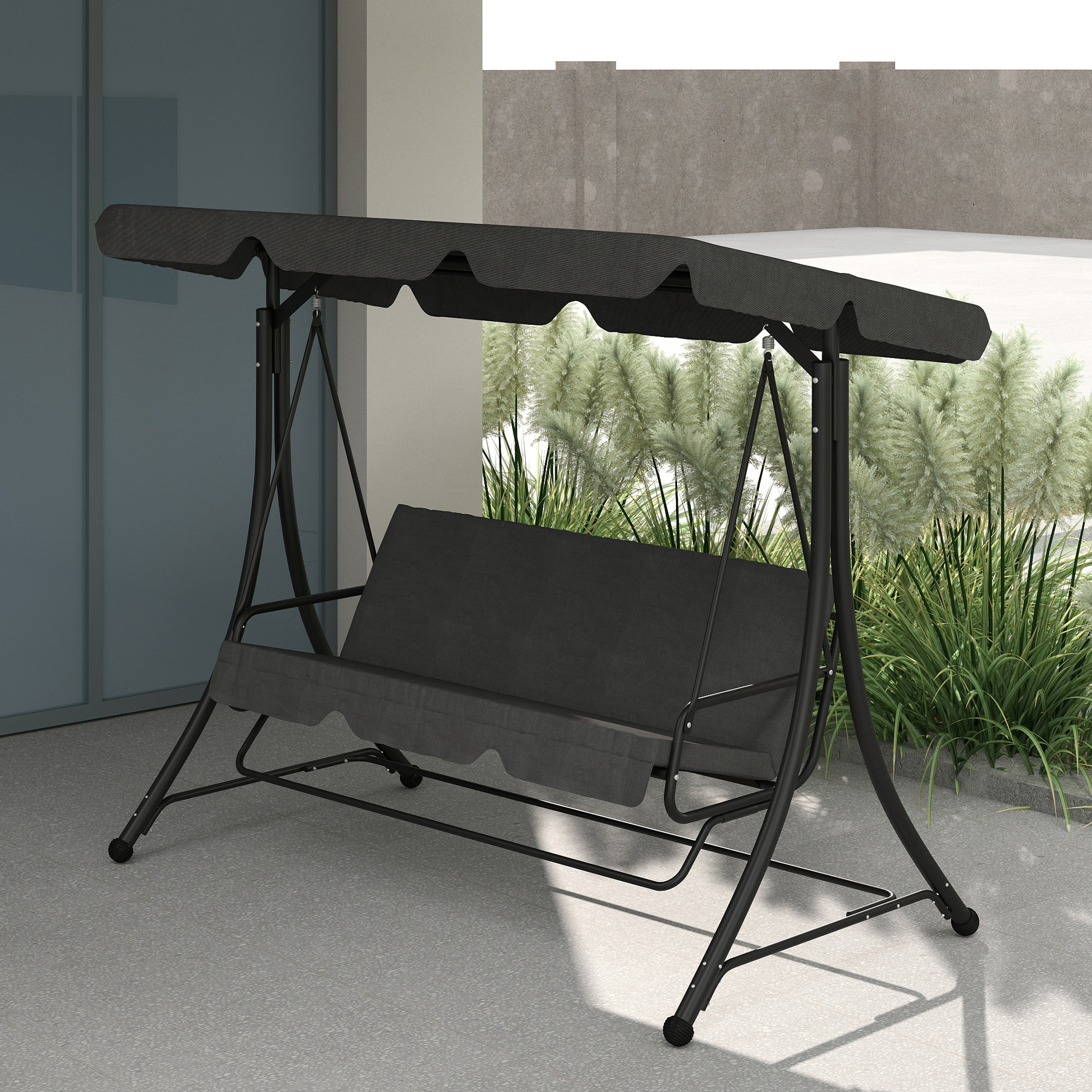 Columpio de Jardín Exterior de 3 Plazas Balancín de Jardín Exterior con Toldo Ajustable Reposapiés Retráctil y Cojines Carga 330 kg 200x127x170 cm Gris