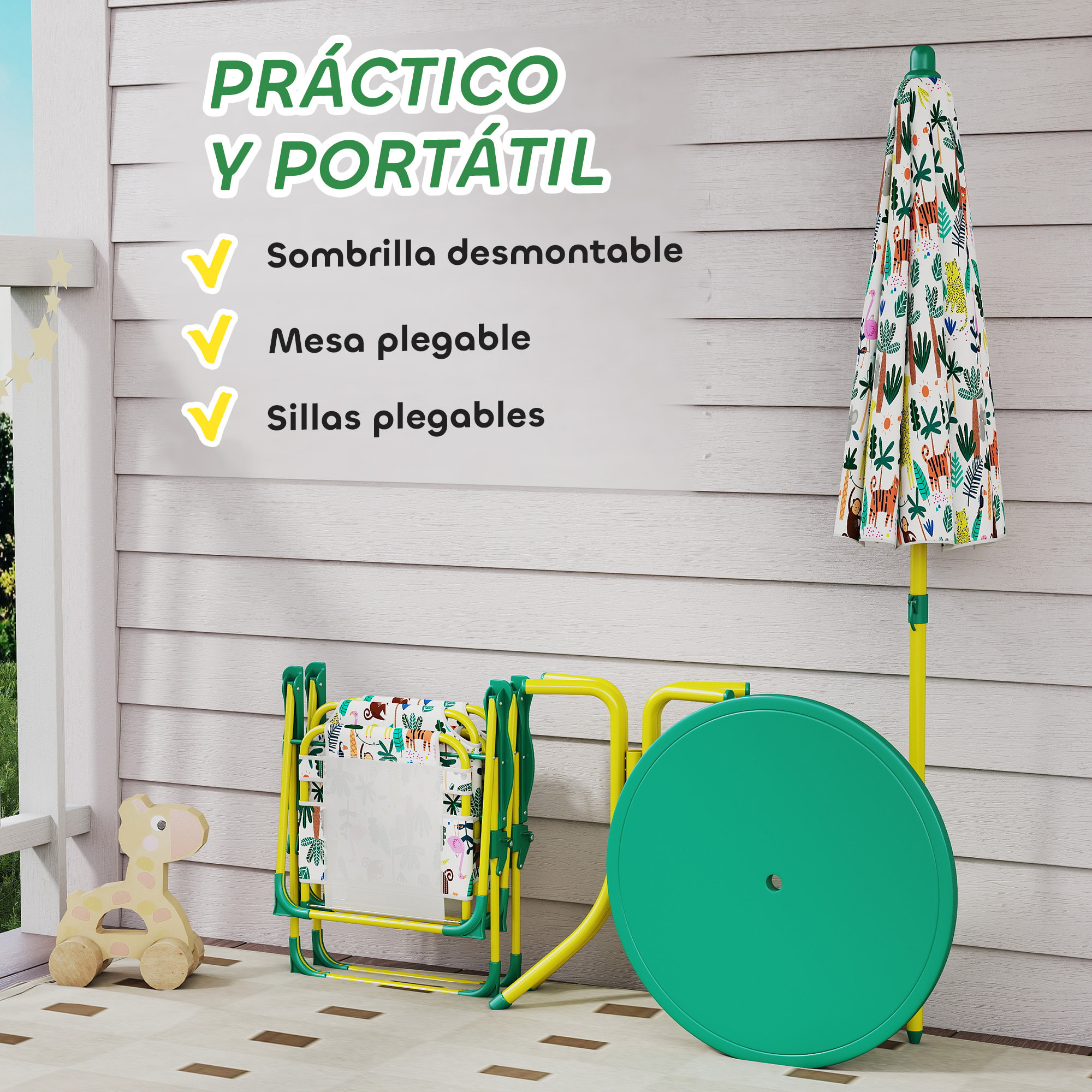 Conjunto de Mesa y Sillas Infantil de Jardín de 4 Piezas, Mesa Infantil con Sillas Plegables, Sombrilla Desmontable, Diseño de Jungla, para Patio, Pícnic, Verde
