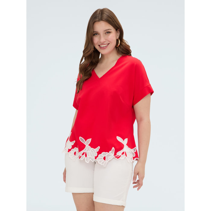 Fiorella Rubino - Camiseta de algodón con bordados florales - Rojo
