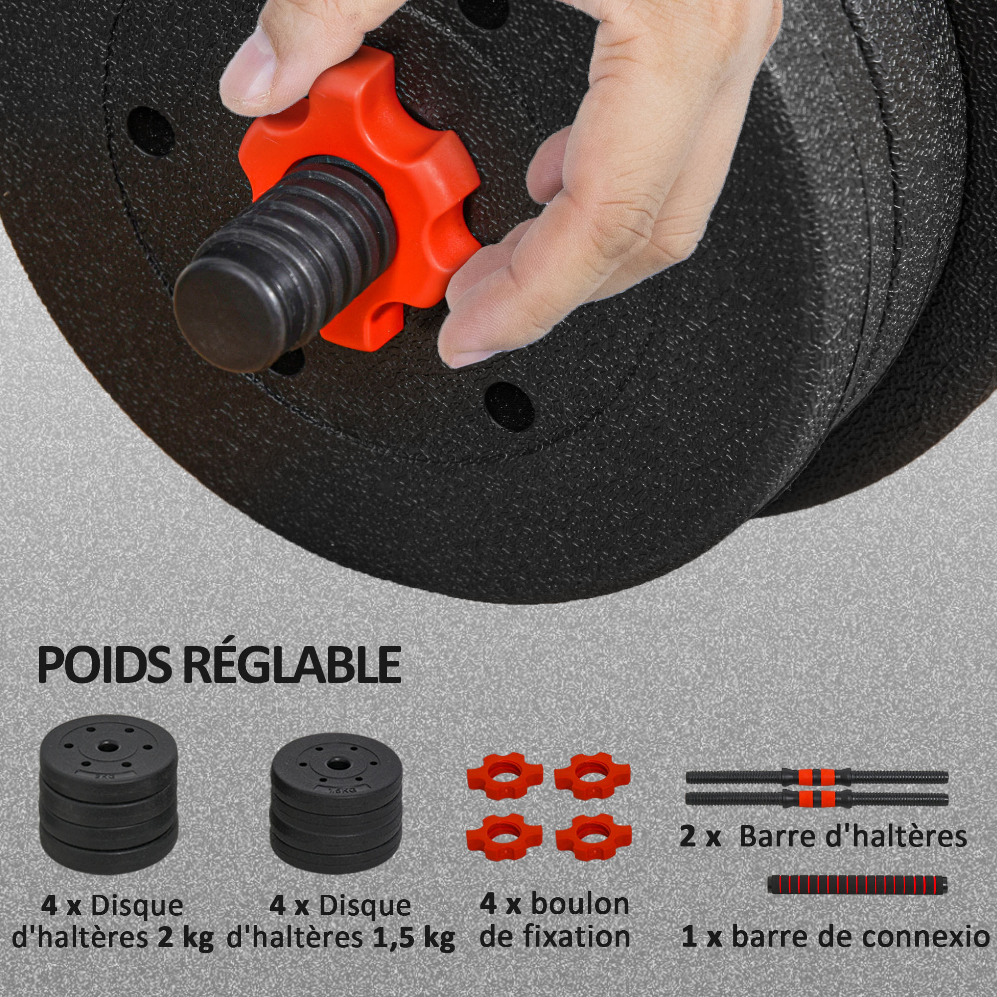 Ensemble d'haltères courtes total 15 Kg - barres incluses - entraînement musculaire & haltérophilie - acier HDPE noir rouge