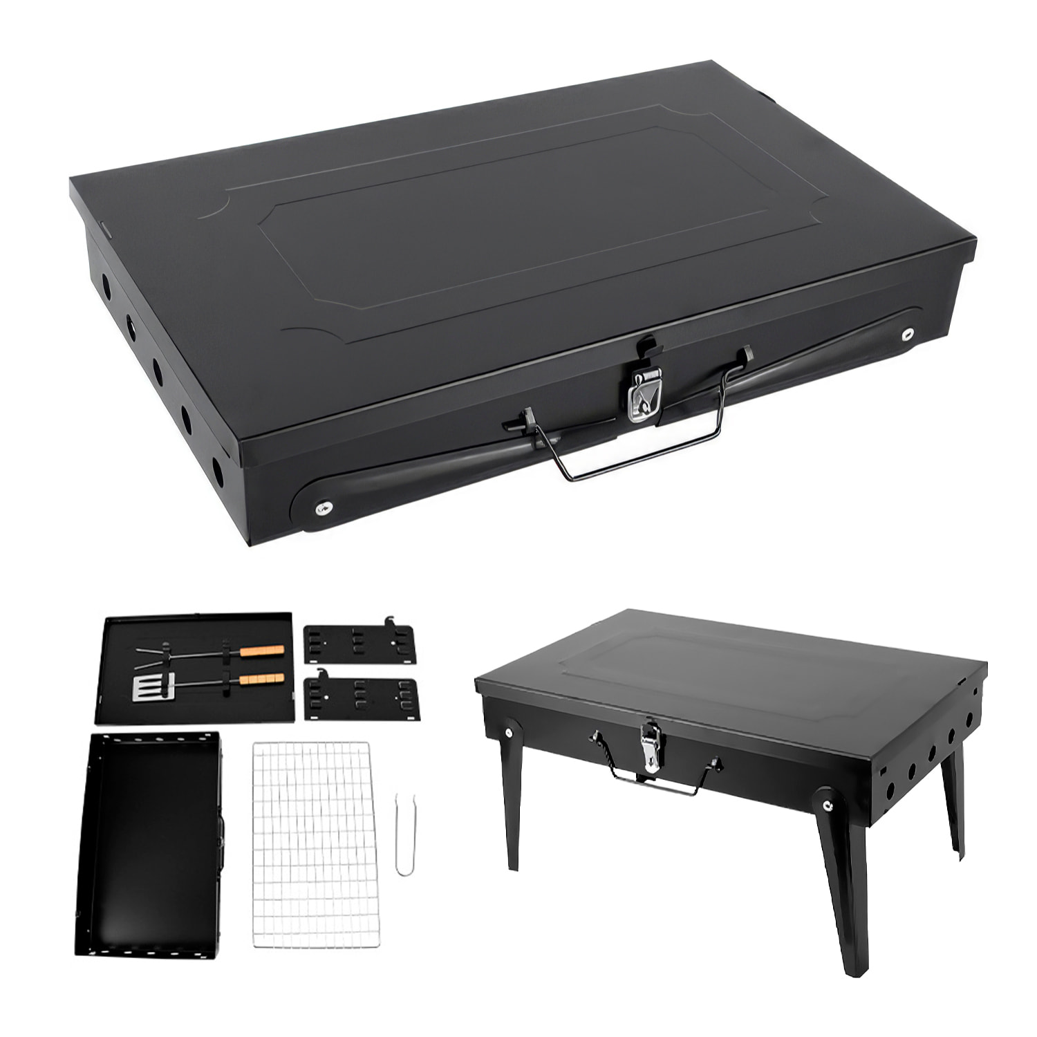 BBQ portatile pieghevole a carbone CA-07, grill regolabile su tre altezze, ventilazione ottimizzata e finitura resistente alla corrosione.