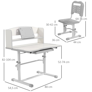 Juego de Escritorio y Silla para Niños de 6-12 Años Pupitre Infantil Altura Ajustable con 1 Cajón 1 Estante para Libros y Ángulo de Mesa Ajustable 80x54,5x82-104 cm Gris y Blanco