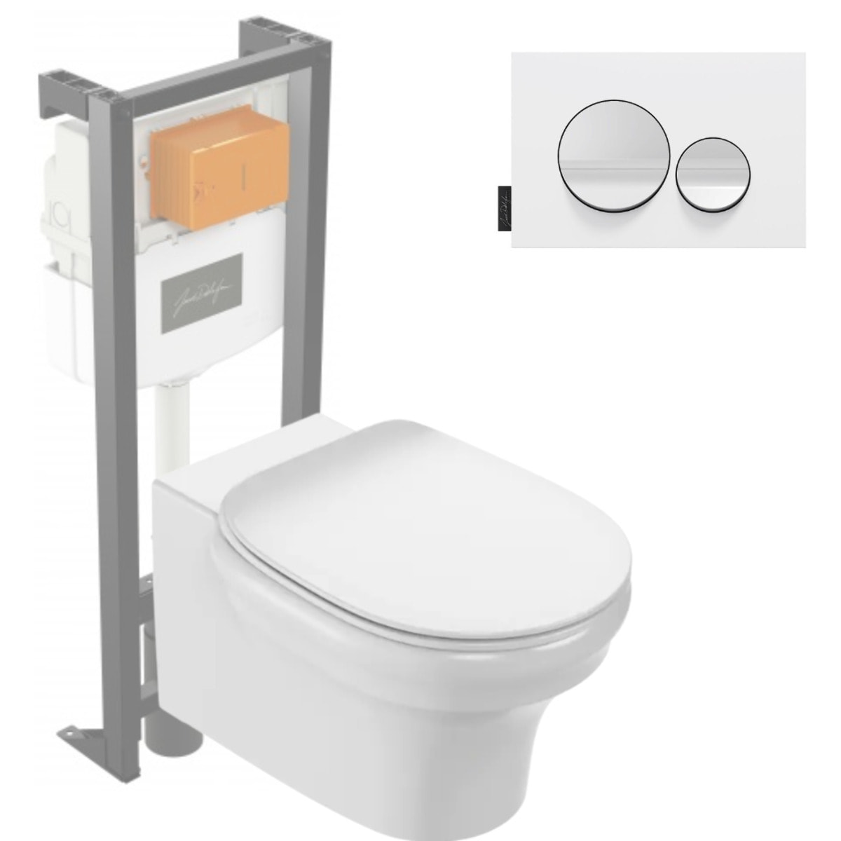 Pack WC suspendu sans bride à économie d'eau Cléo 1889 +  abattant + bâti-support + plaque ronde blanche