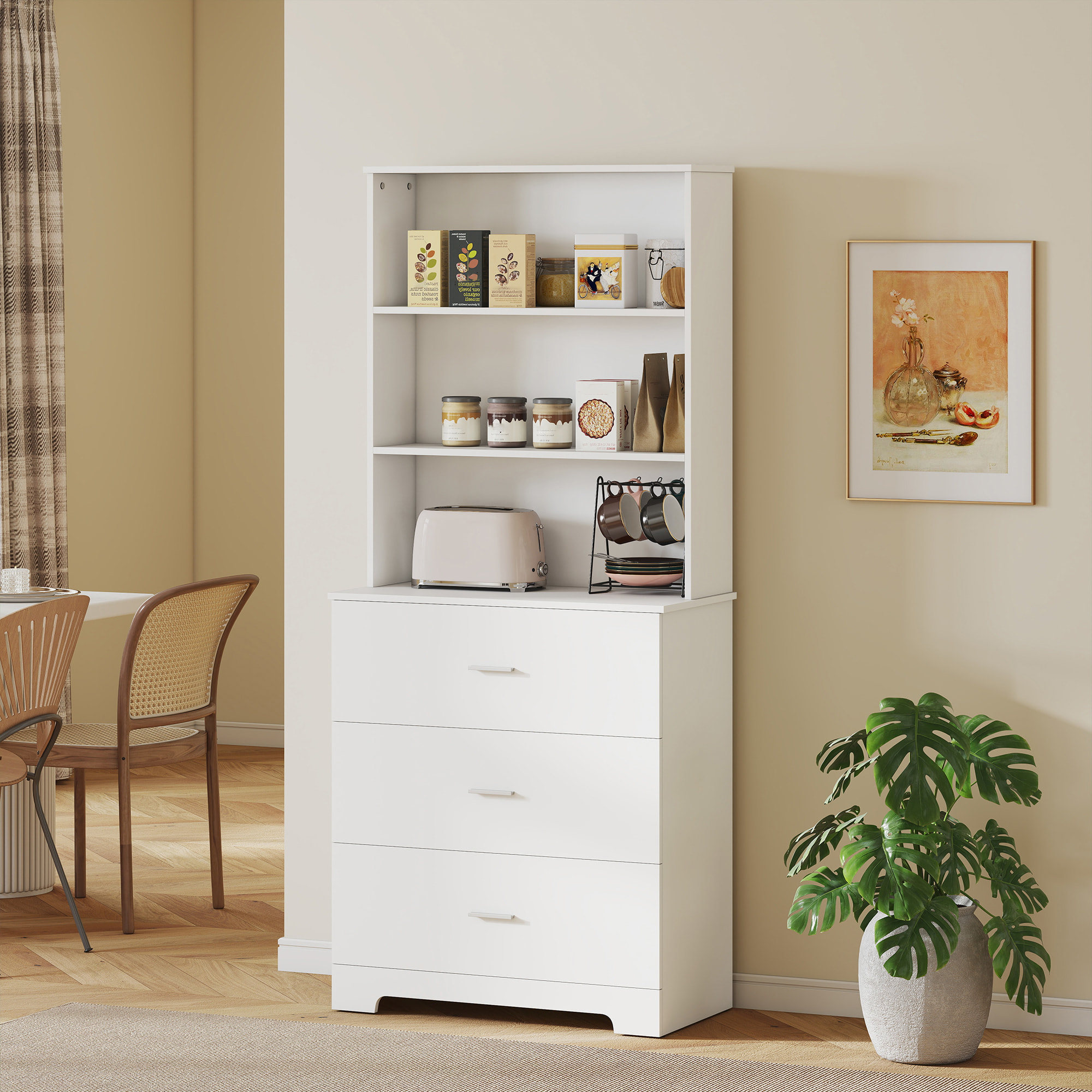 Buffet haut 3 tiroirs 2 étagères dim. 79 x 39 x 182 cm blanc