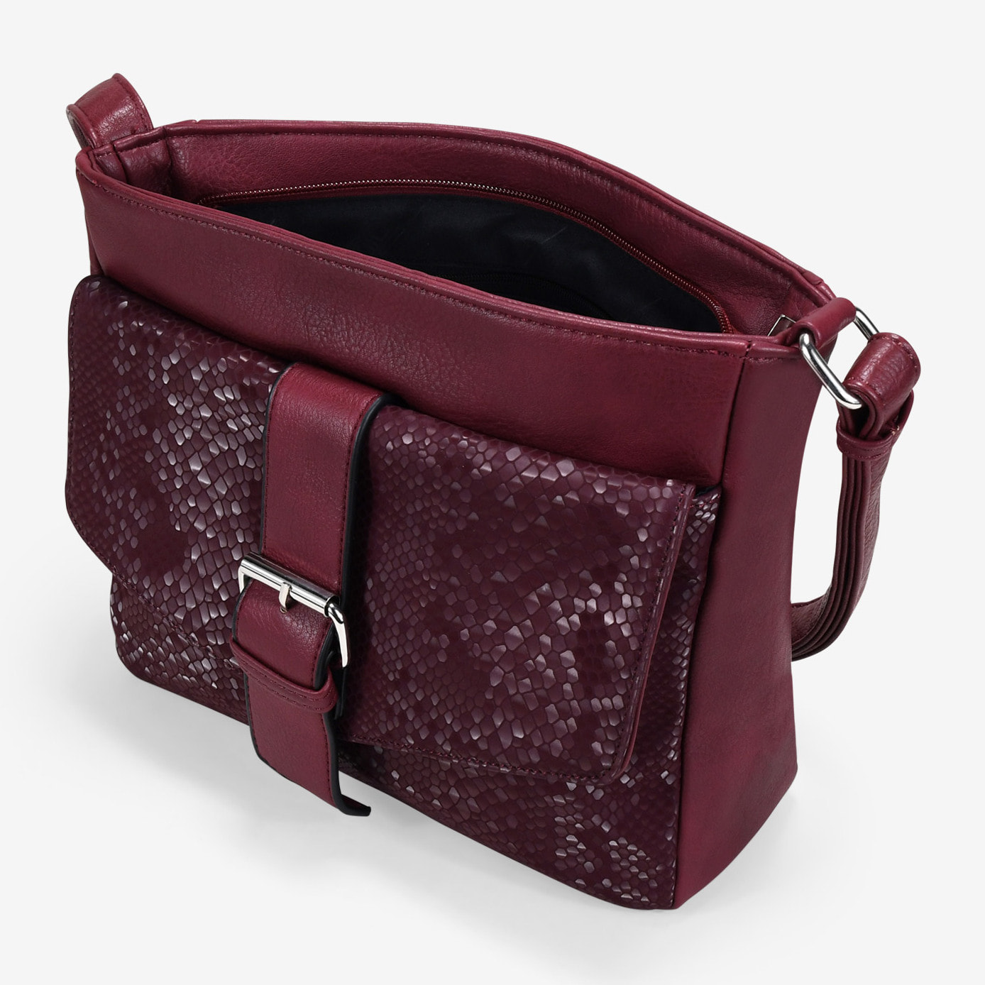 Bolso bandolera burdeos con solapa efecto serpiente
