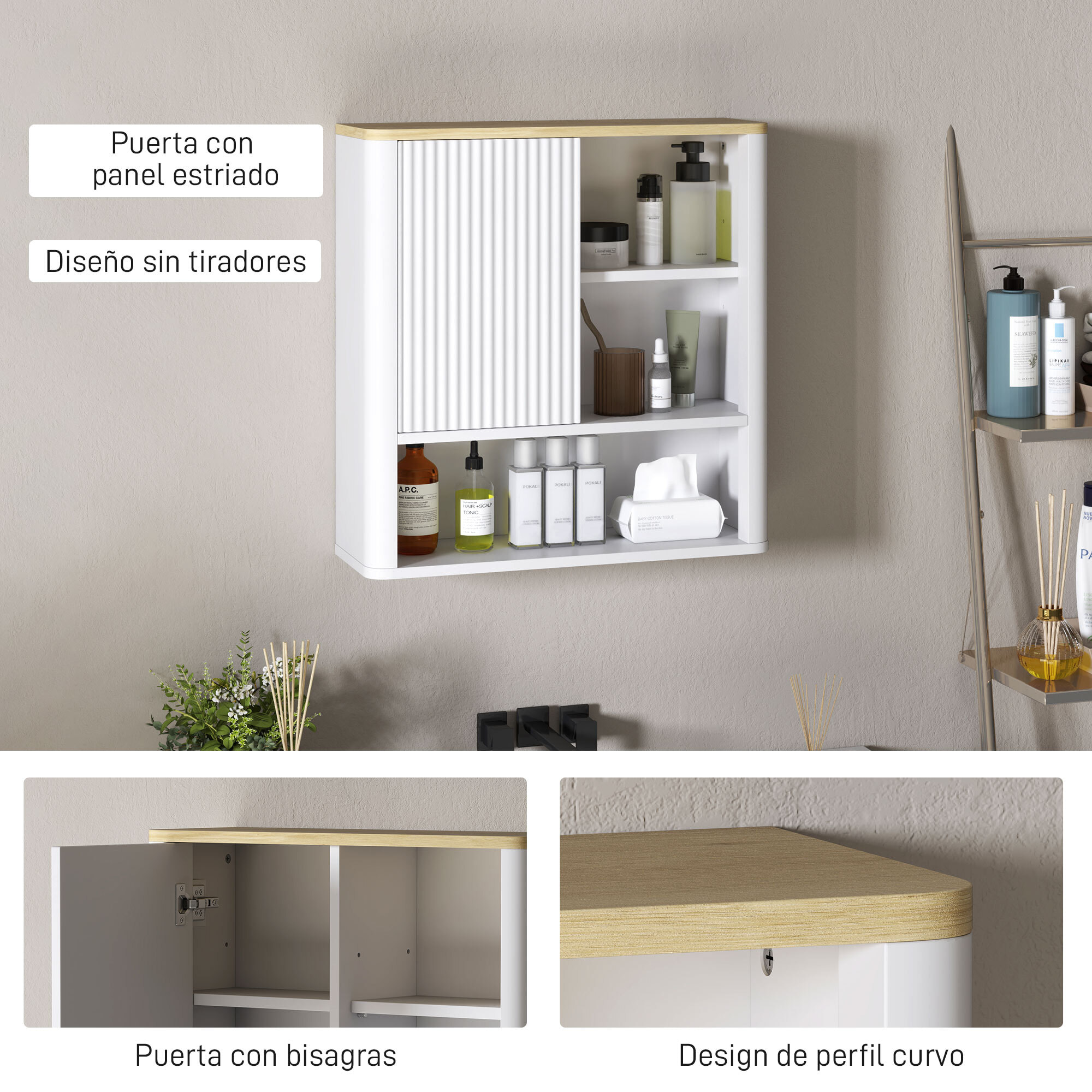 Armario de Baño de Pared Mueble de Baño Colgar con Estantes Ajustables Puerta Corredera Compartimentos y Diseño con Perfil Curvo 60x20x62 cm Blanco