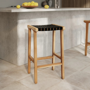 Tabouret pour îlot central 68 cm en teck et cuir tressé noir - Kuna