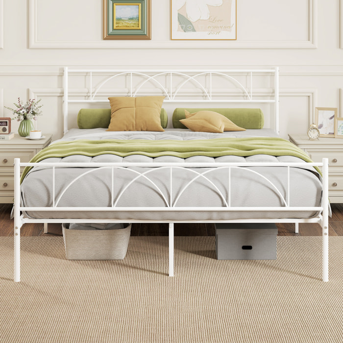 Cama Matrimonio, 160x200 cm, Estructura de Cama de Acero con Cabecero, Soporte de Listones de Acero, Espacio de Almacenamiento Debajo, Blanco