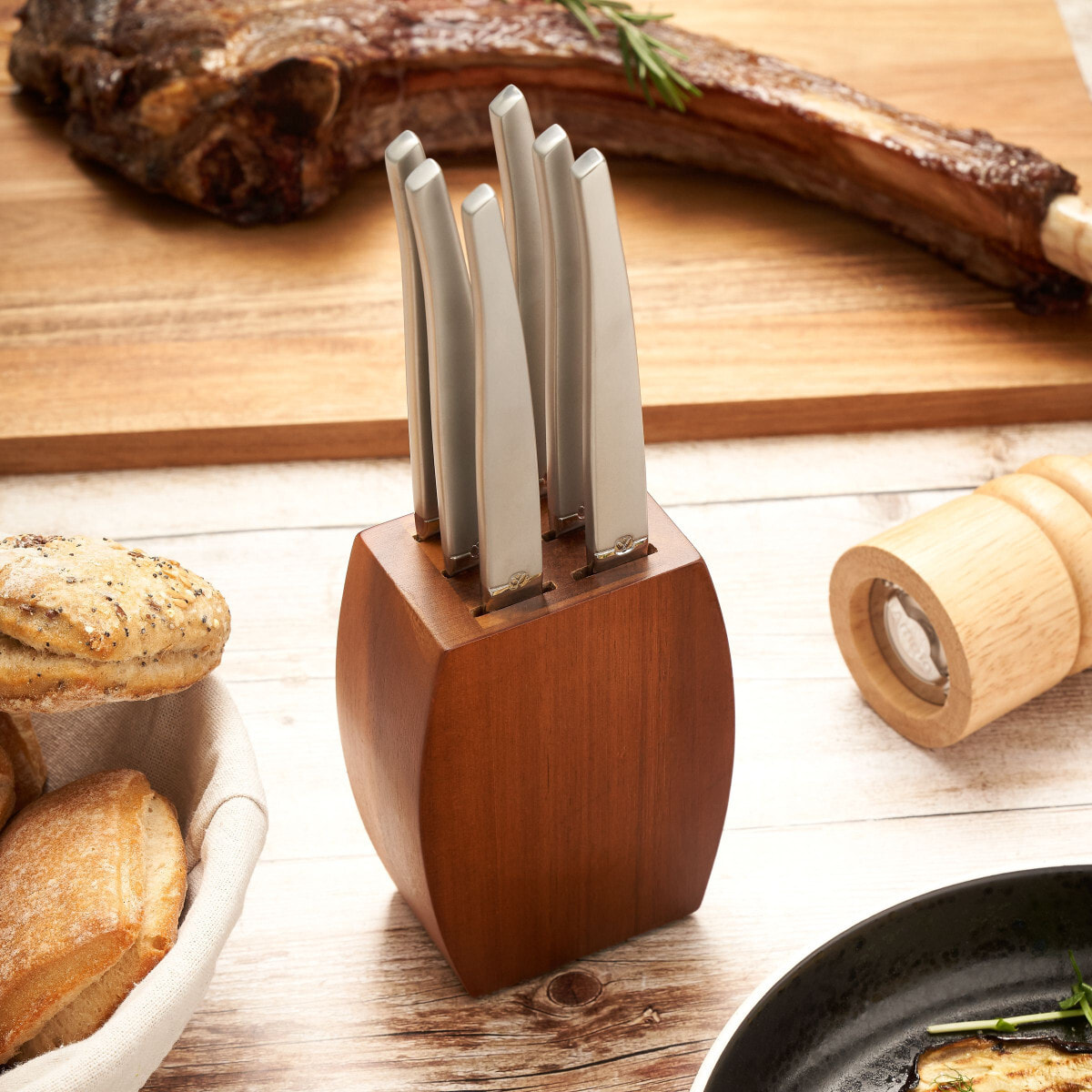 Jet Satin - Bloque de madera de acacia con 6 cuchillos para carne