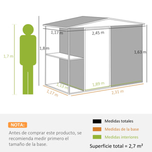 Caseta de Jardín Exterior 2,7m² 245x117x180 cm Cobertizo de Jardín Exterior con Estante de 2 Niveles 4 Ventilaciones y Puerta con Cerradura Cobertizo para Terraza Patio Gris Carbón