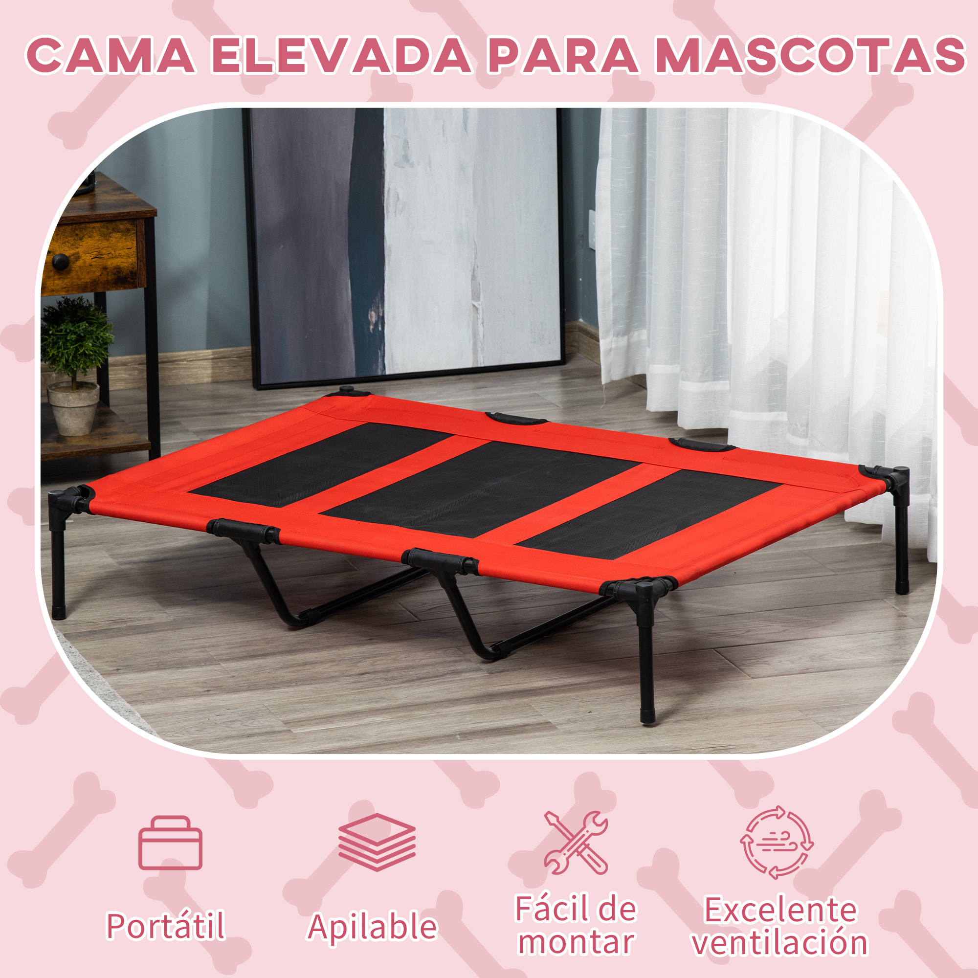 Cama Elevada para Perros y Gatos Transpirable Cama Mascotas Tela Oxford para Dormir Relajar en Interiores Exteriores 122x92x23 cm Rojo