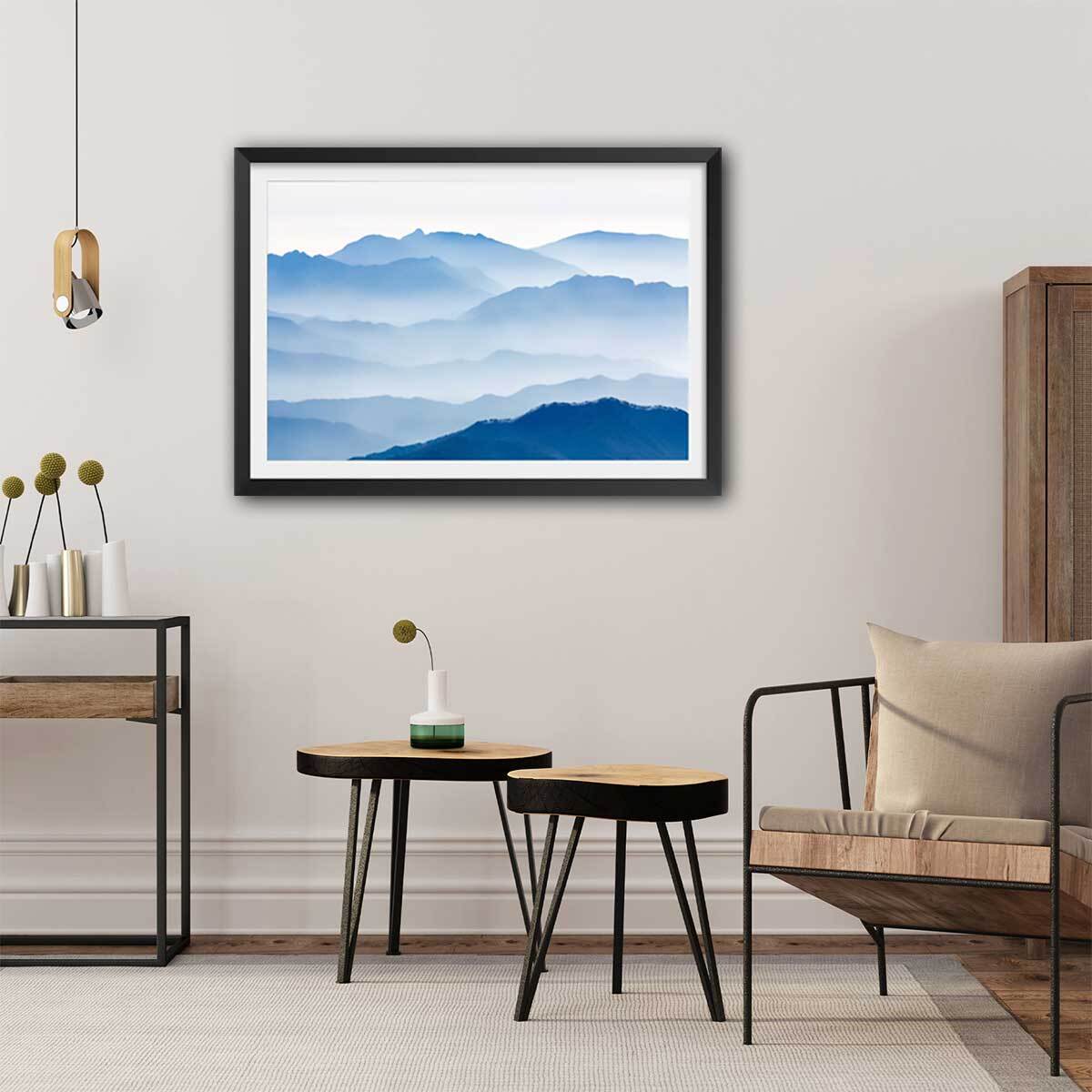 Affiche paysage montagnes bleues Affiche + cadre en bois - Noir