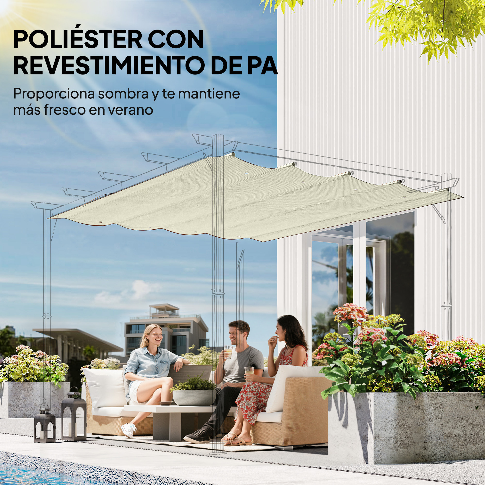 Techo de Pérgola 3x2,5 m, Techo de Repuesto Retráctil para Marco de Pérgola de 3x2 m, UV30+, Toldo de Tela Solo para Cenador Jardín con 8 Orificios de Drenaje, Crema