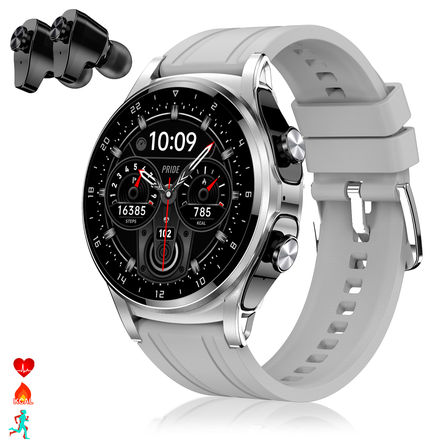Smartwatch GT66 multideporte, mediciones de tensión y O2 en sangre, con auriculares TWS 5.1 integrados.