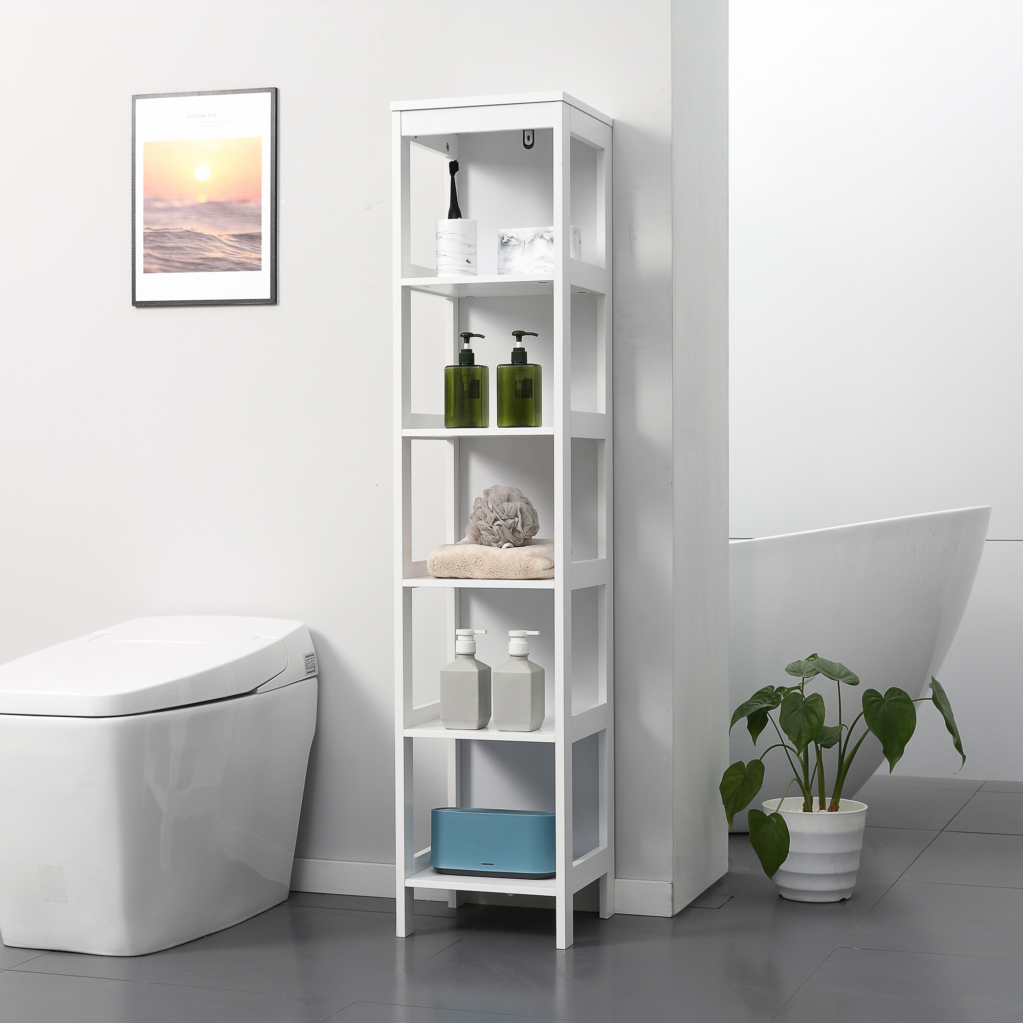 kleankin Estantería de Baño de Suelo de 5 Niveles Mueble Auxiliar de Almacenaje para Cocina Salón Dormitorio Estilo Moderno Antivuelco Carga 30 kg 30x30x140 cm Blanco