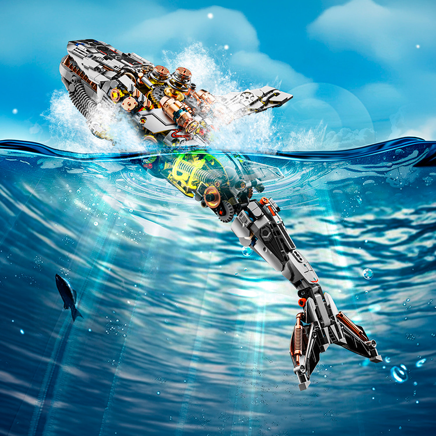 Maqueta 3D mecanizada de ballena con 1388 piezas, equipada con luces y mecanismo de manivela que permite movimiento dinámico.