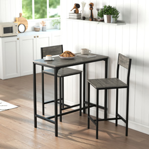 Ensemble table de bar 2 tabourets métal noir effet bois gris
