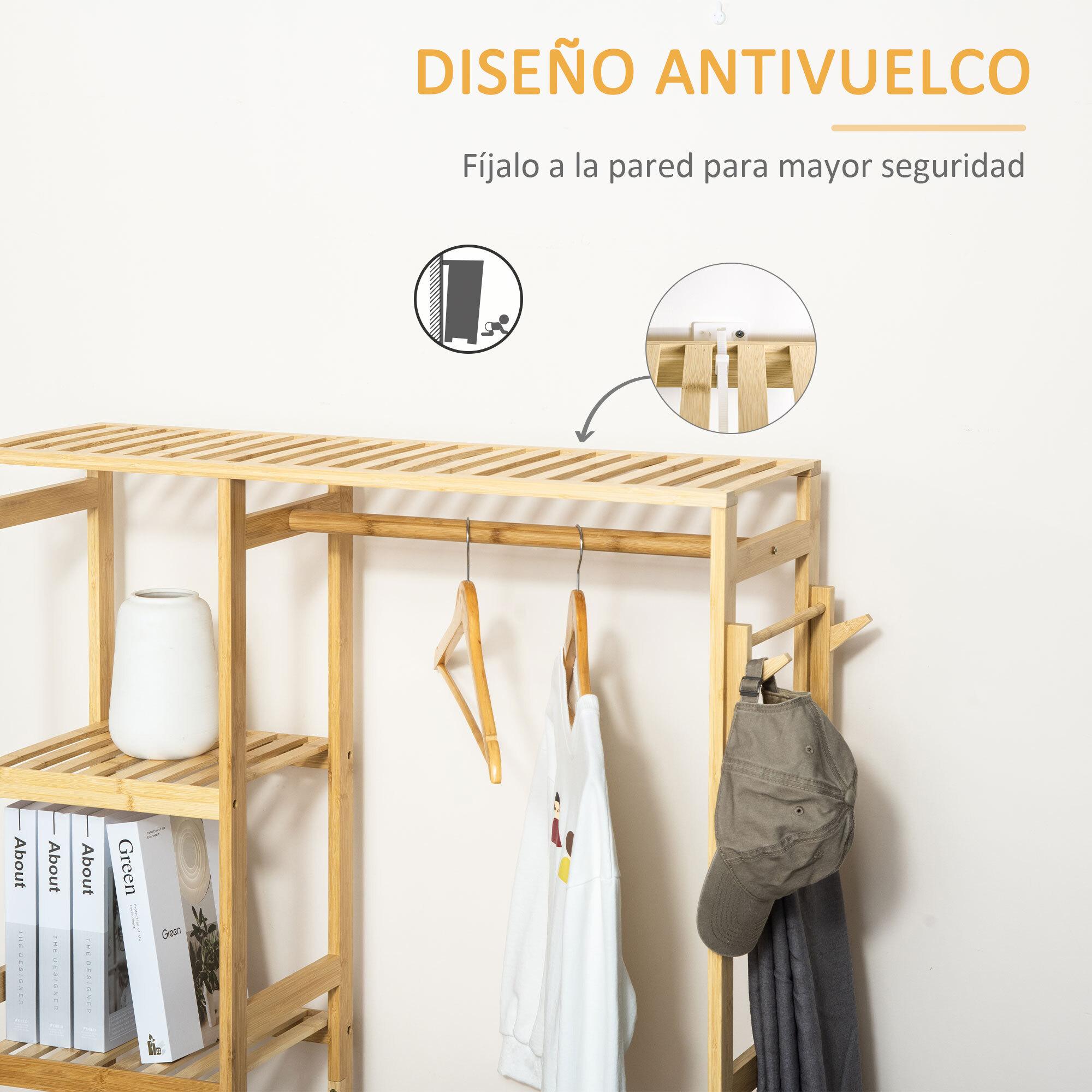 Perchero Burro de Bambú Perchero de Pie con Estantería de 4 Niveles con Barra Estante Inferior y Colgador Lateral para Ropa Bolsas Dormitorio 90x30x155 cm Natural