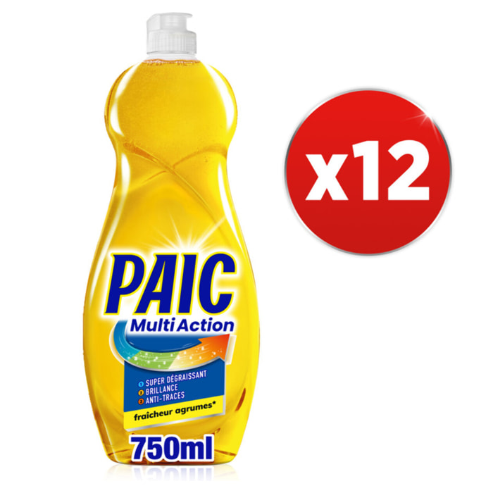 Pack de 12 - PAIC Liquide Vaisselle Multi Action Fraîcheur Agrumes Super Dégraissant Brillance et Anti-Traces 750ml