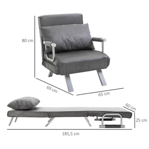 Fauteuil chauffeuse canapé-lit convertible 1 place déhoussable grand confort coussin pieds accoudoirs métal suède gris