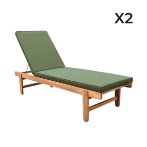 Set de 2 bains de soleil en Acacia – AREQUIPA – Transats avec coussins kaki et roulettes. multi positions