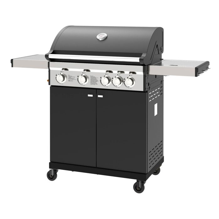 Barbecue a gas per esterni con potenza di 14,5 kW, compatibile con butano e propano, 4 bruciatori principali più 1 laterale.