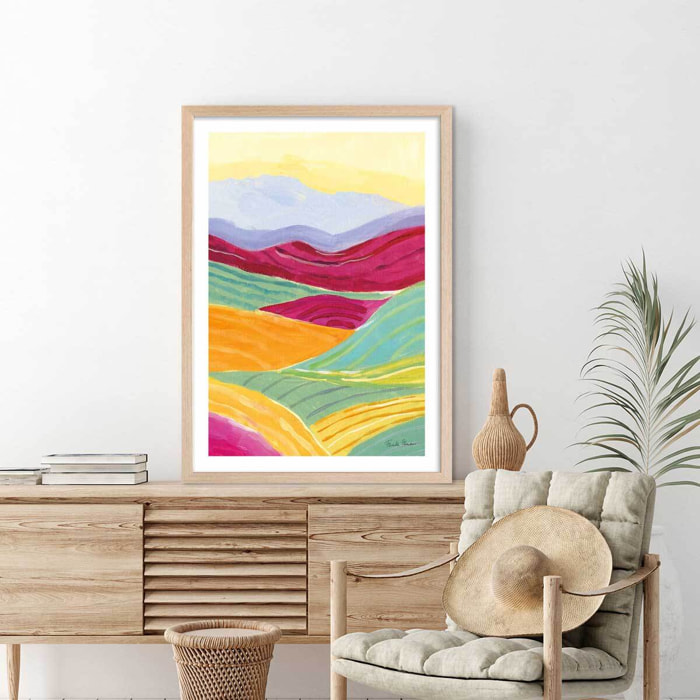 Poster color colline Affiche + cadre en bois - Chêne
