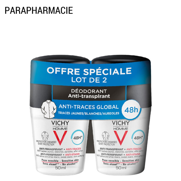 Vichy Homme Anti-Transpirant 48h - Anti-Traces  Roll-On 2x50 ml