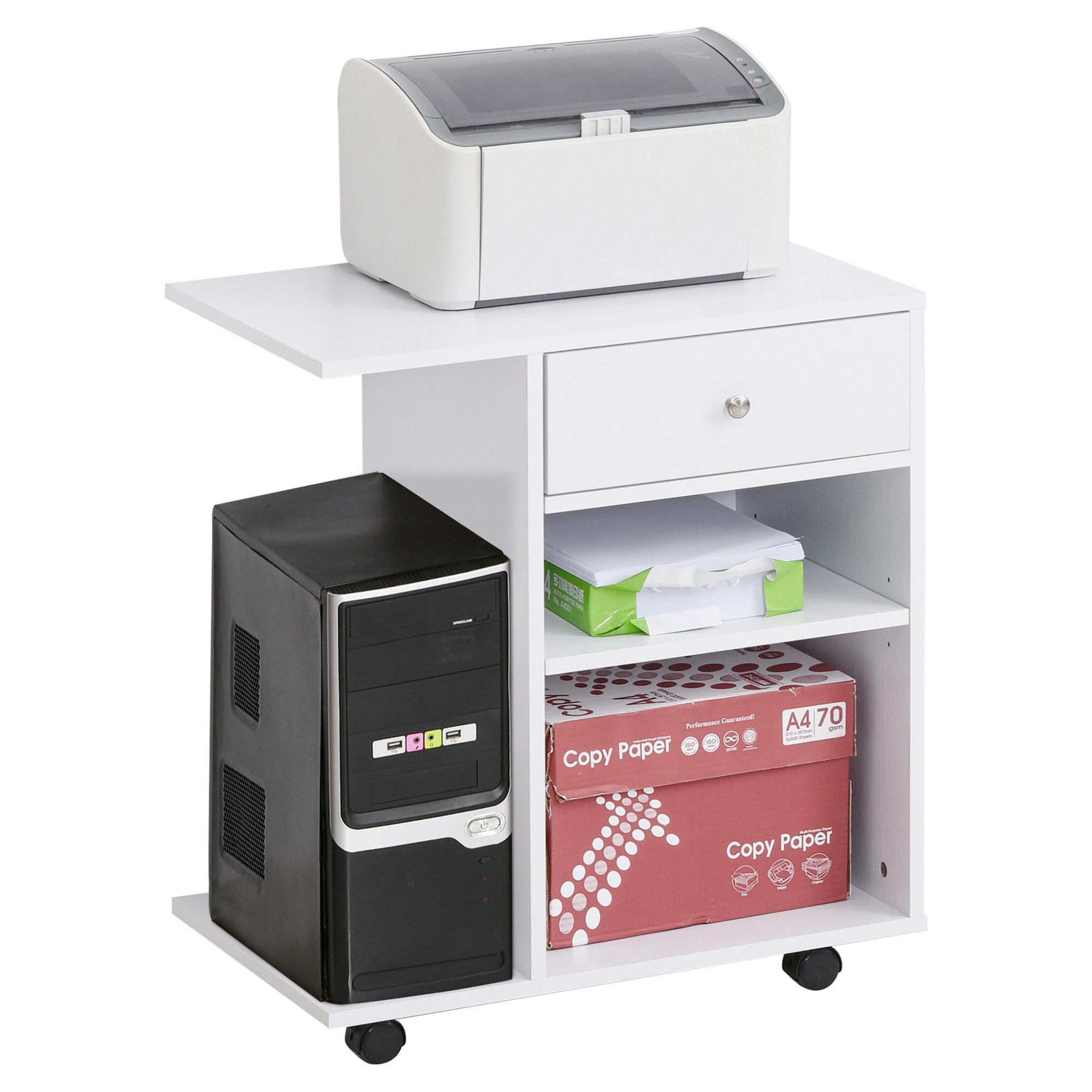 Support d'imprimante organiseur bureau caisson 2 niches tiroir espace CPU + grand plateau panneaux particules blanc