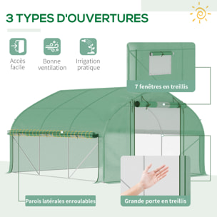 Serre de jardin tunnel 10,4 m² - 6 fenêtres et porte zippée avec moustiquaires - acier galvanisé PE vert