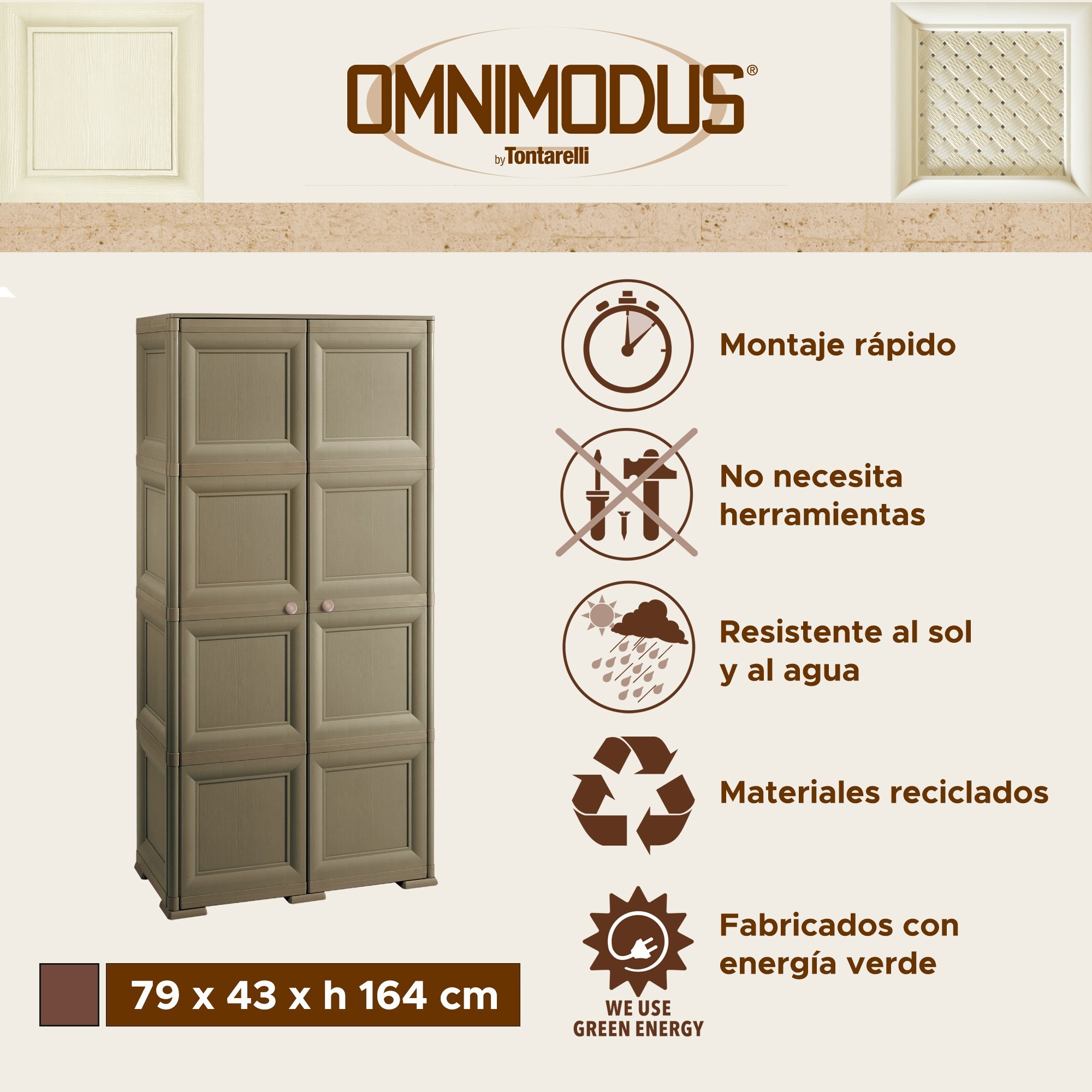 4 módulos con puertas en acabado madera + 2 soportes opcionales wengué