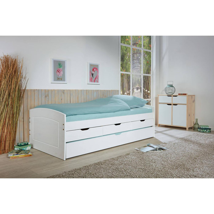 Letto con cassetti contenitore e secondo letto inferiore a estrazione, in pino massello tinto bianco, cm 98x205x63, reti escluse