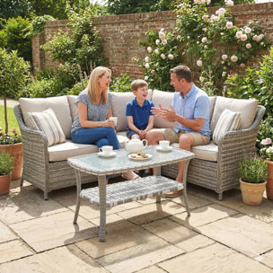 Mesa de Jardín Exterior de Ratán con Estante, Mesita Auxiliar de Jardín Rectangular, Tablero de Vidrio Templado con Ondas, Estructura de Acero, para Terraza, Patio, 90x50x45 cm, Gris Oscuro