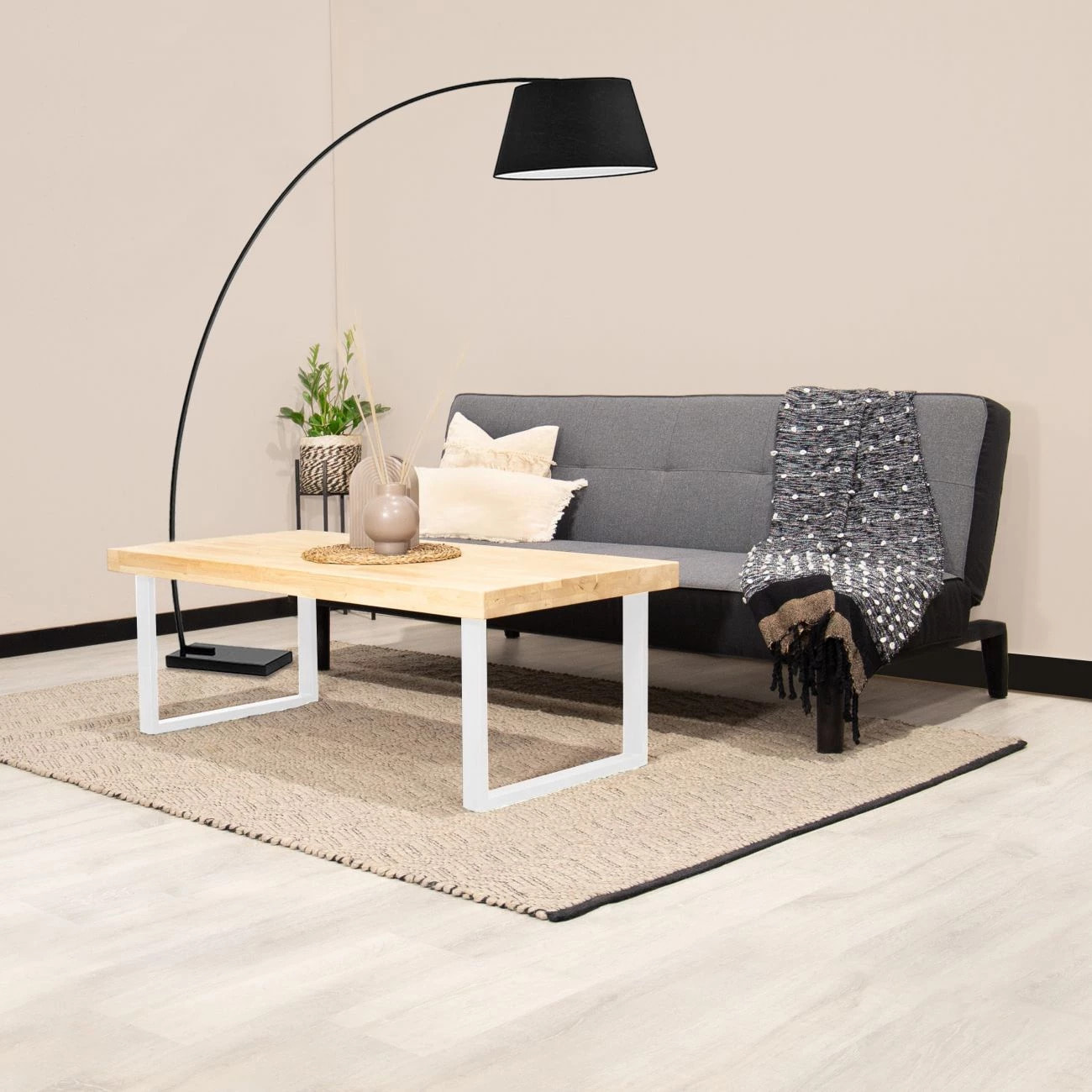 Mesa de centro fija con patas metálicas en blanco y roble salvaje 120x60 cm Natural Roble salvaje - Blanco