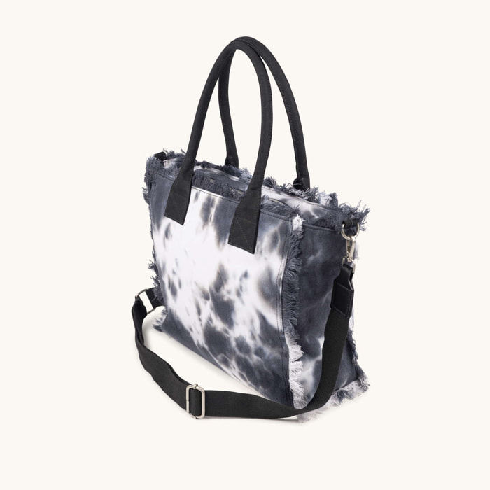 Bolso Shopper de Algodón Efecto Lavado con Flecos SCUBA BLACK AND WHITE SHOPPER