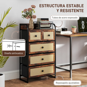 Cómoda para Dormitorio Cajonera de Tela con 5 Cajones Plegables con Frentes de Ratán y Marco de Acero Cajonera para Dormitorio Salón Marrón Rústico