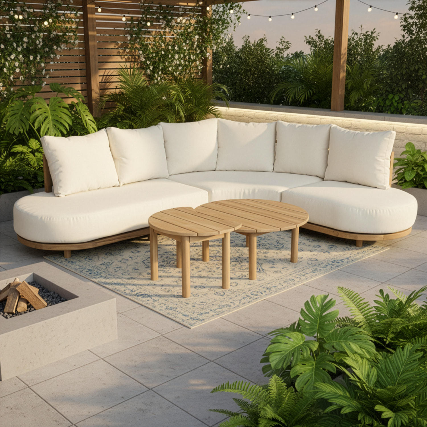 Salon de jardin 5 places en acacia et coussins beige LAGOA