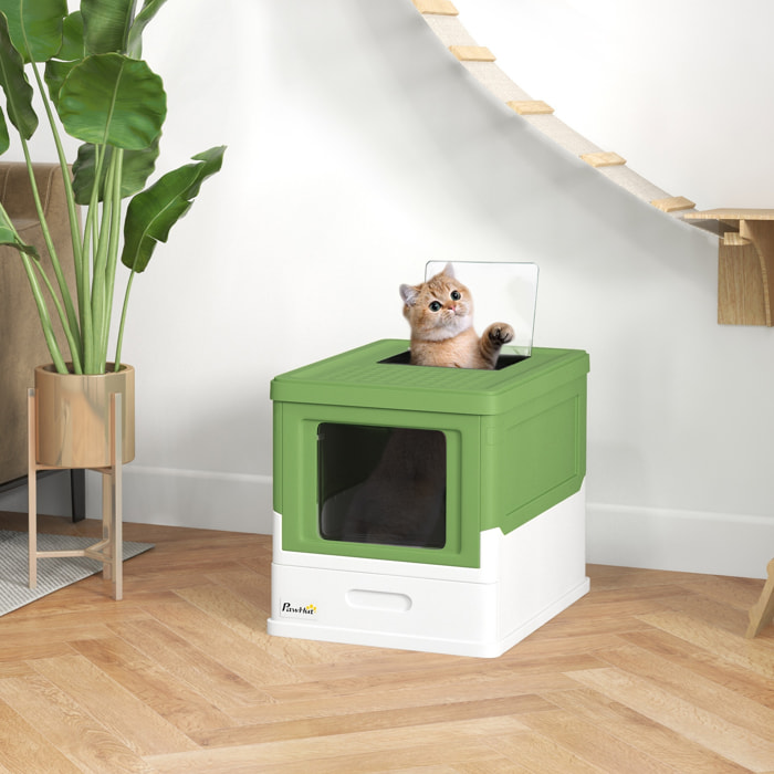 Maison de toilette pliable pour chat - tiroir à litière coulissant, porte battante et trappe transparente, pelle - blanc vert