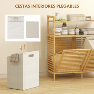 Mueble de Baño con Cesto Ropa Sucia, Mueble Ropa Sucia de Bambú, 2 Bolsas de Ropa Extraíbles y Lavables con Asa, 2 Estantes Abiertos, para Lavadero, 82x33x88 cm Natural y Crema