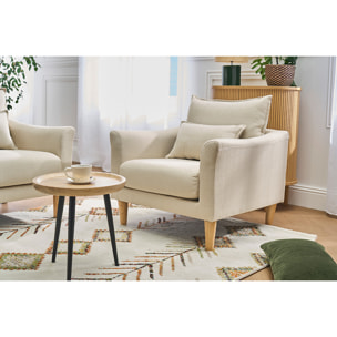 Fauteuil scandinave en tissu beige et bois clair KATE