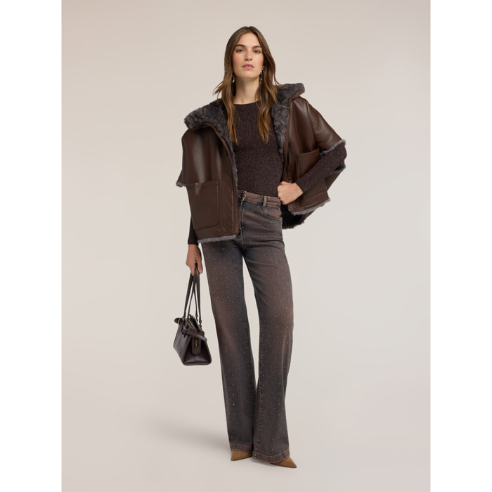 Motivi - Jeans wide fit con applicazioni di strass - Marrone