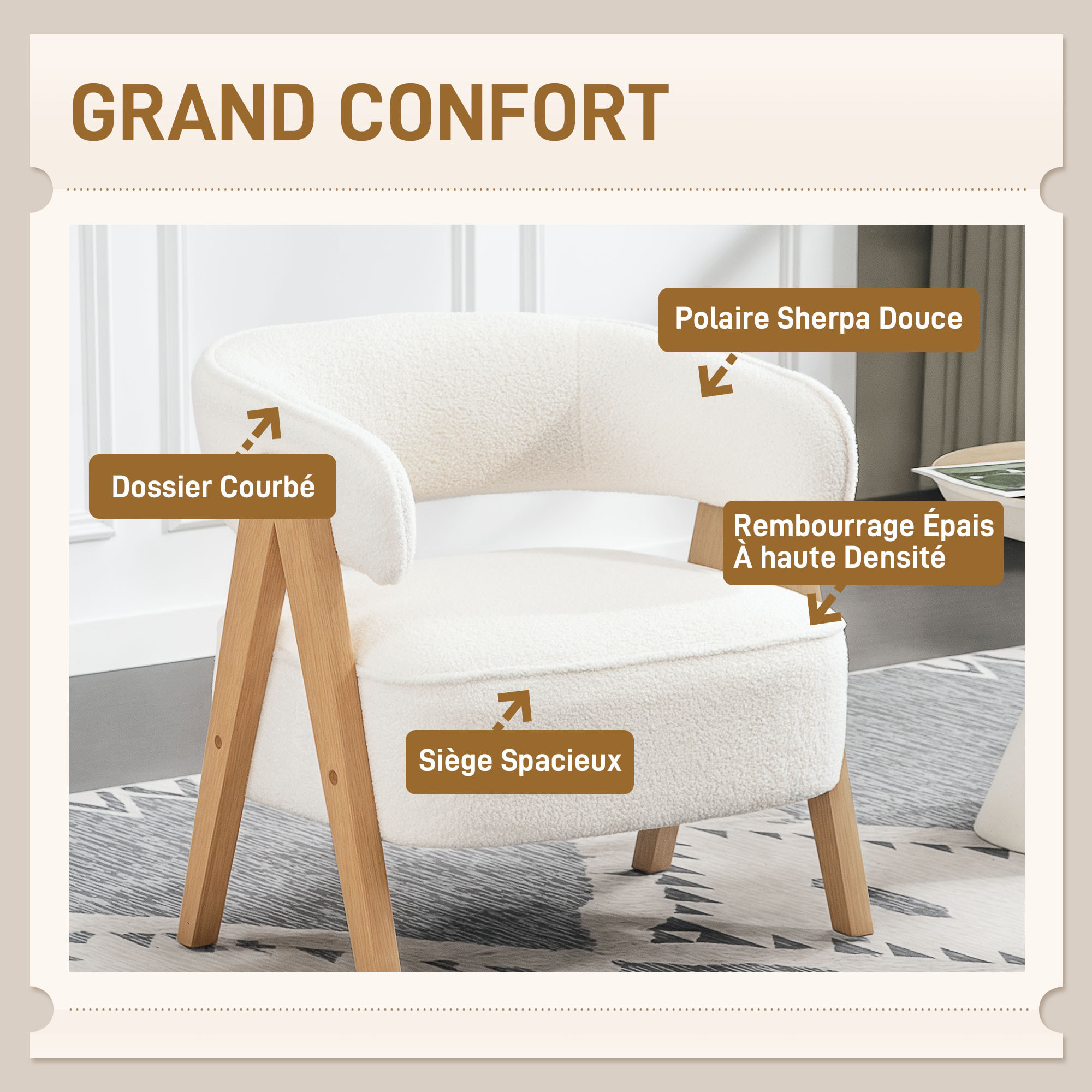 Fauteuil relax design bouclette - dossier enveloppant grand confort - bois blanc