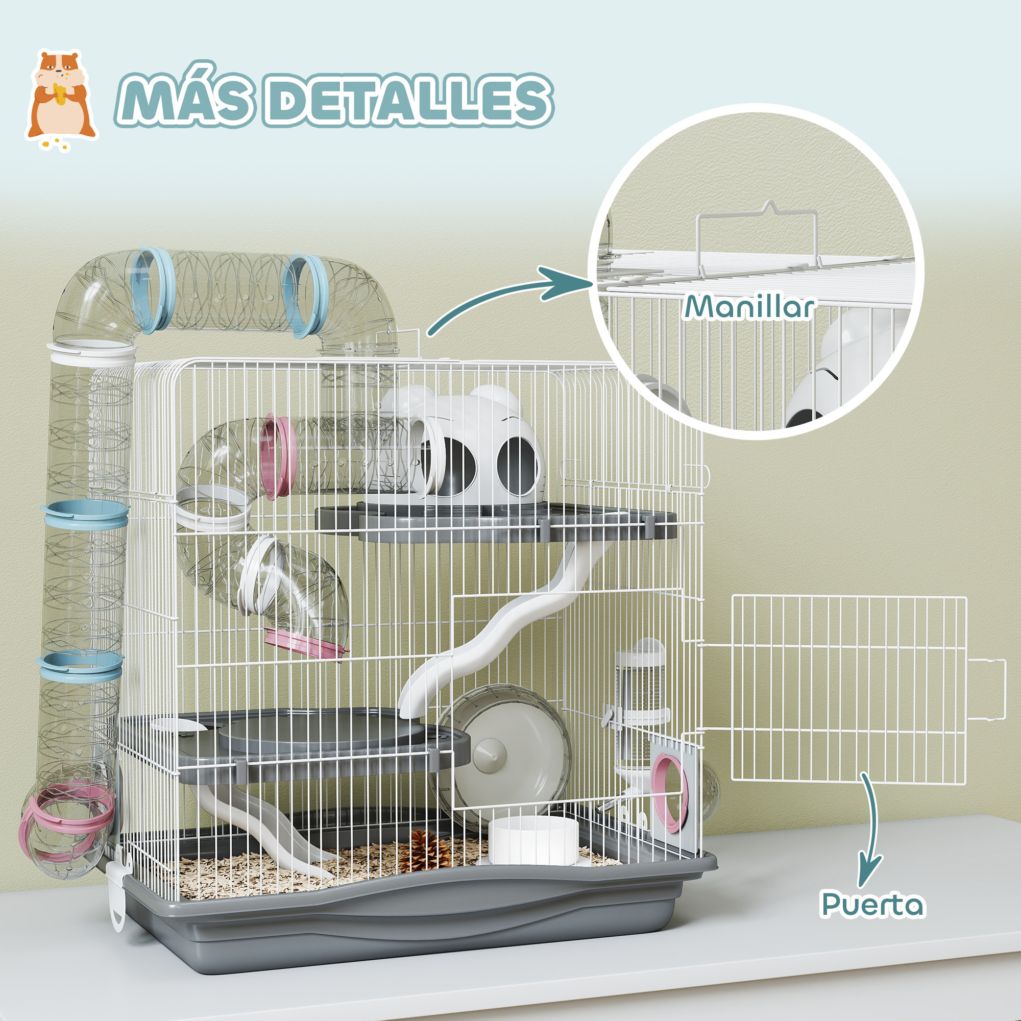 Jaula para Hámster, 45x30x45 cm, Casa para Animales Pequeños con Túnel, Plataformas, Cuenco, Bebedero, Casita, Rampas y Rueda de Ejercicio, para Hámsteres Enanos, Jerbos, Gris