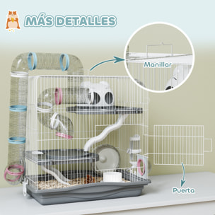 Jaula para Hámster, 45x30x45 cm, Casa para Animales Pequeños con Túnel, Plataformas, Cuenco, Bebedero, Casita, Rampas y Rueda de Ejercicio, para Hámsteres Enanos, Jerbos, Gris
