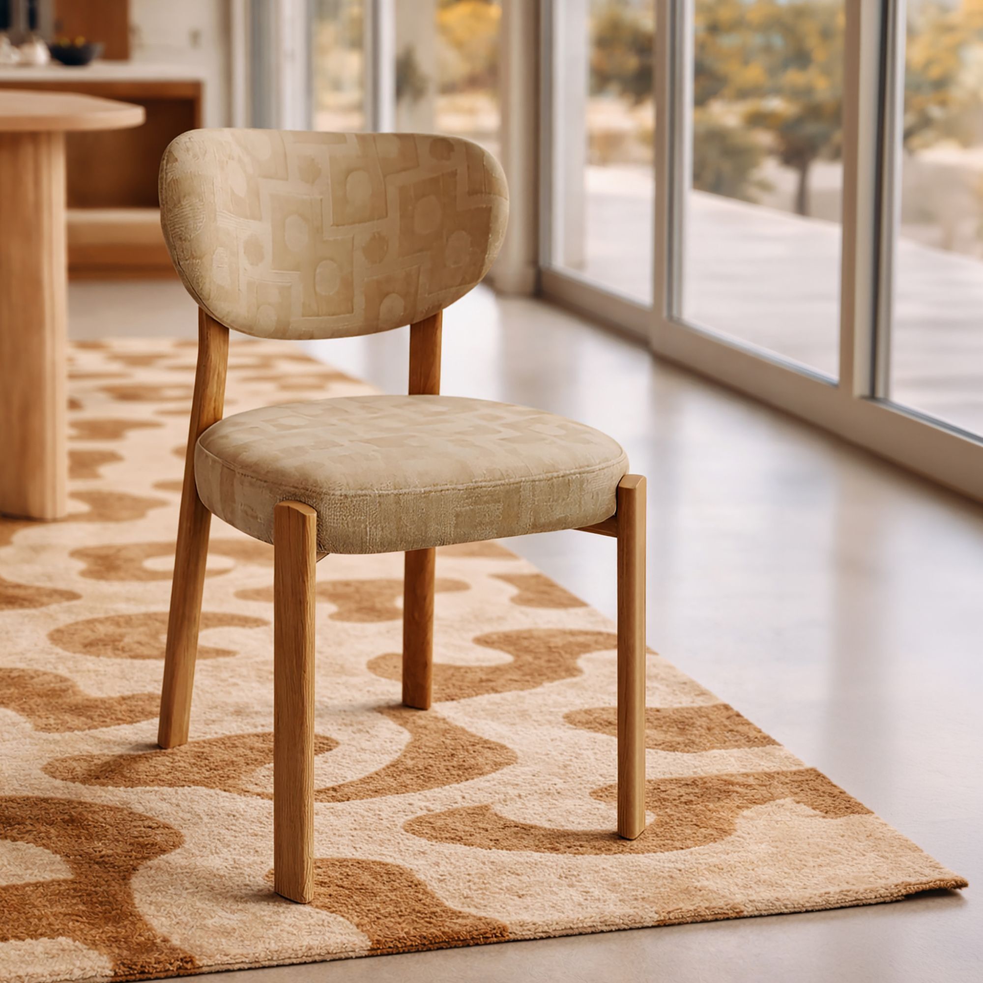 Ensemble table ovale effet bois 220cm et 6 chaises en tissu beige SUZIE